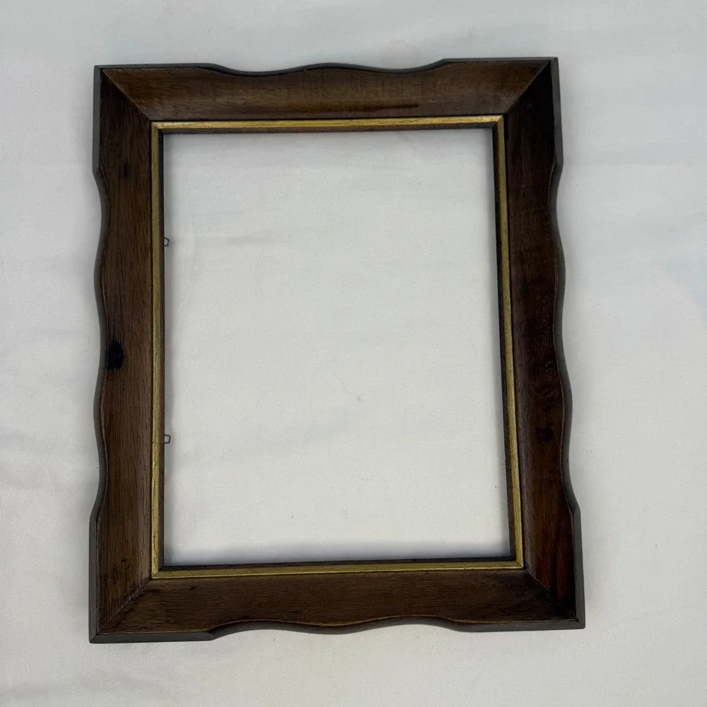 Vintage Scalloped Wood Picture Frame 8x10 Dark Brown Gold Trim Wavy Edge